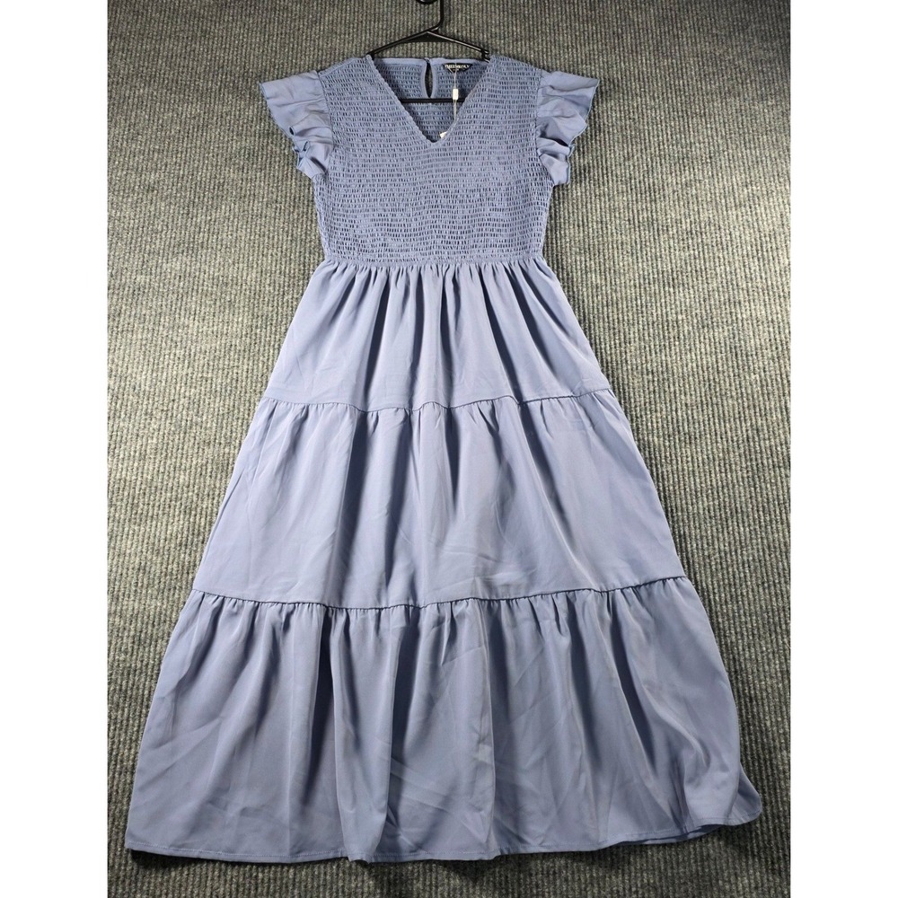 THEENKOLN Womens Smocked Tiered Maxi Dress Blue Flutter Sleeve V-Neck Small NWT